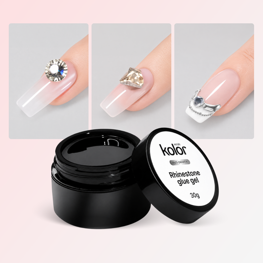 A jar of Kolor brand rhinestone glue gel shown with three inset images demonstrating nail art application: a clear nail with a round rhinestone, a sheer pink nail with a crystal accent, and a pale pink nail with a silver rhinestone cluster.