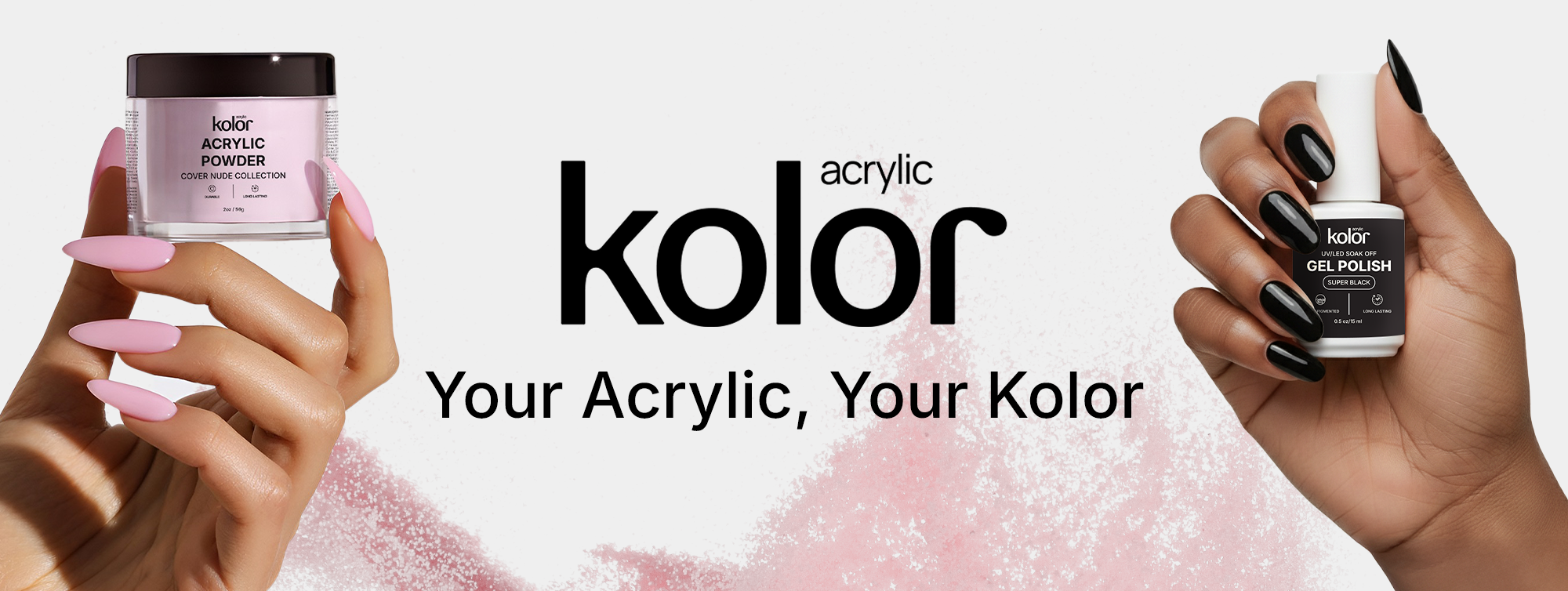 Kolor acrylic nail polish products with hands holding jars and a bottle on a light background.