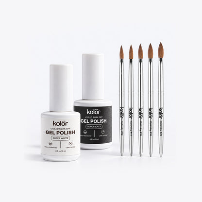 Acrylic Nail Brush & Black + White Gel Polish Combo