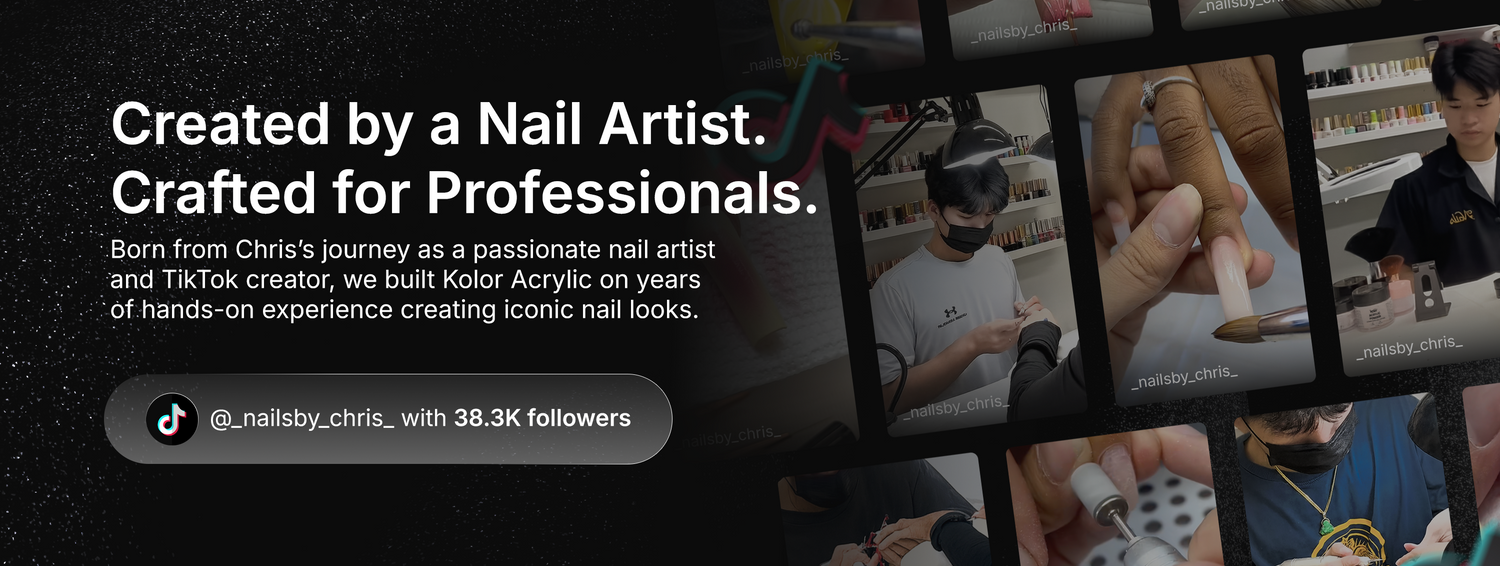 Promotional banner for a nail art product with text and images of people using nail tools.