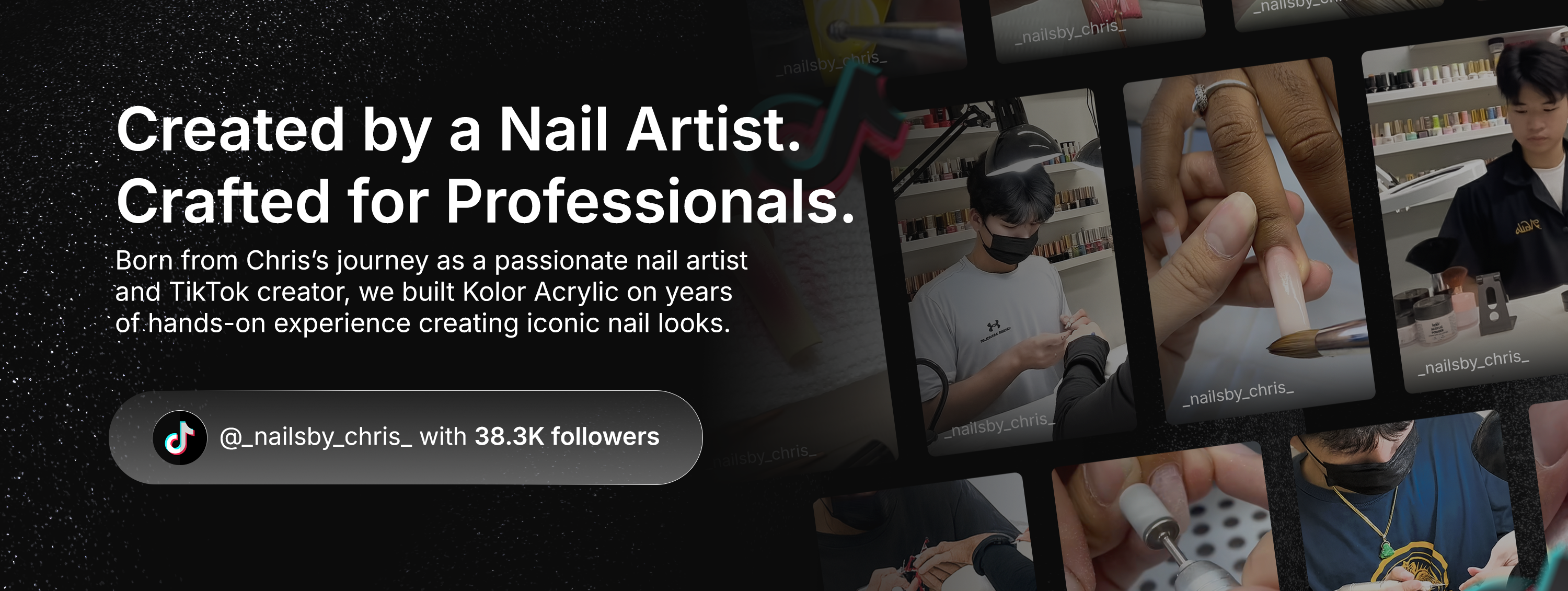 Promotional banner for a nail art product with text and images of people using nail tools.