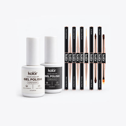 Dual-Head Brush Set & Black + White Gel Polish Combo