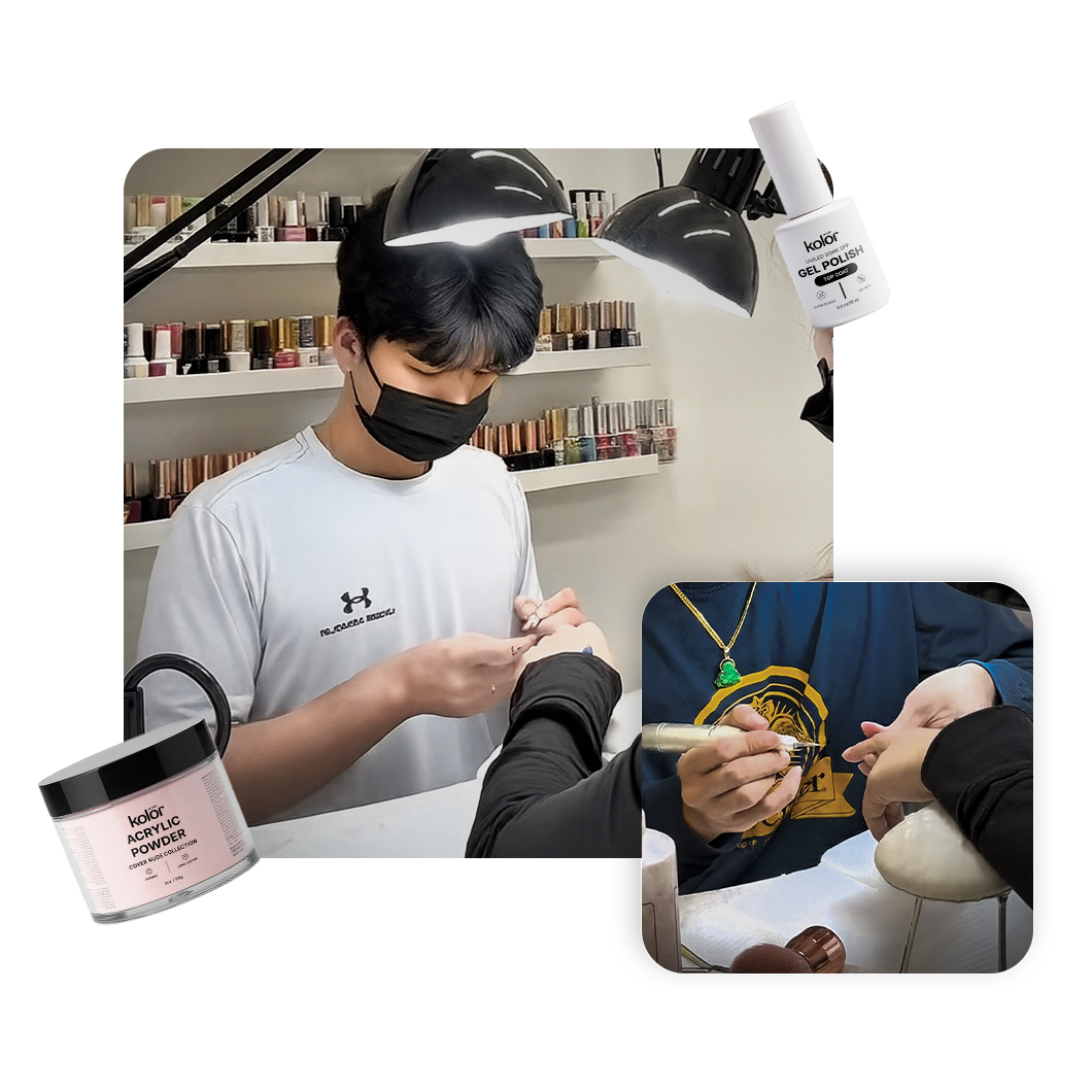 Person getting a manicure with nail care products displayed.