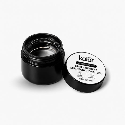 An open black jar of Kolor Enriched Soak Off High Viscosity Multifunctional Gel with its white lid placed beside it on a clean white background.