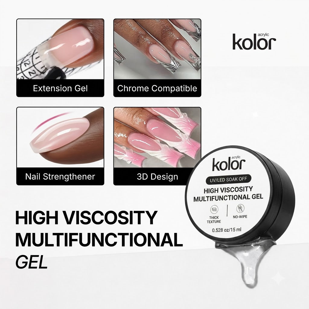 Kolor High Viscosity Multifunctional Gel nail polish jar shown on a white background with four inset photos demonstrating extension gel, chrome compatibility, nail strengthener, and 3D design effects.