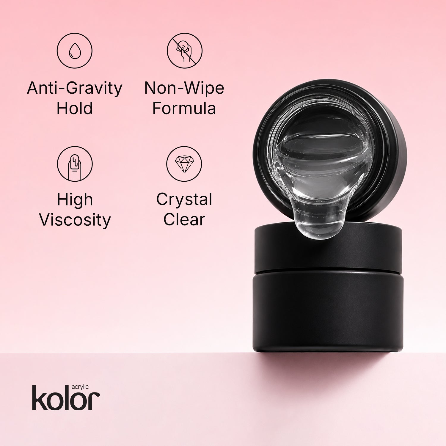 Black container with clear gel on a pink background, featuring Kolan logo and product features.