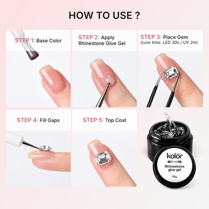 Instructional graphic titled 'HOW TO USE?' showing five steps for applying rhinestone glue gel: base color, apply glue gel, place gem, fill gaps, and top coat. A small jar labeled 'kolor Rhinestone glue gel' is shown at the bottom right.