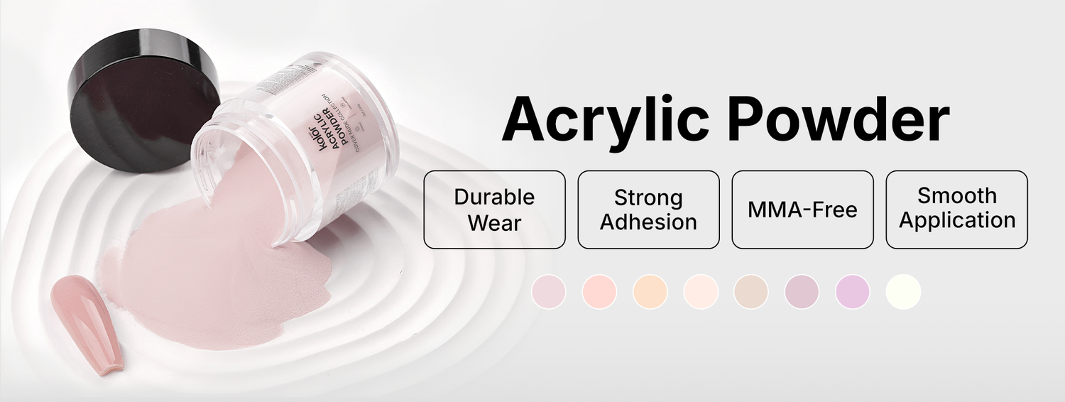 Acrylic powder with a container and sample on a white background, featuring text on durability, adhesion, and application.