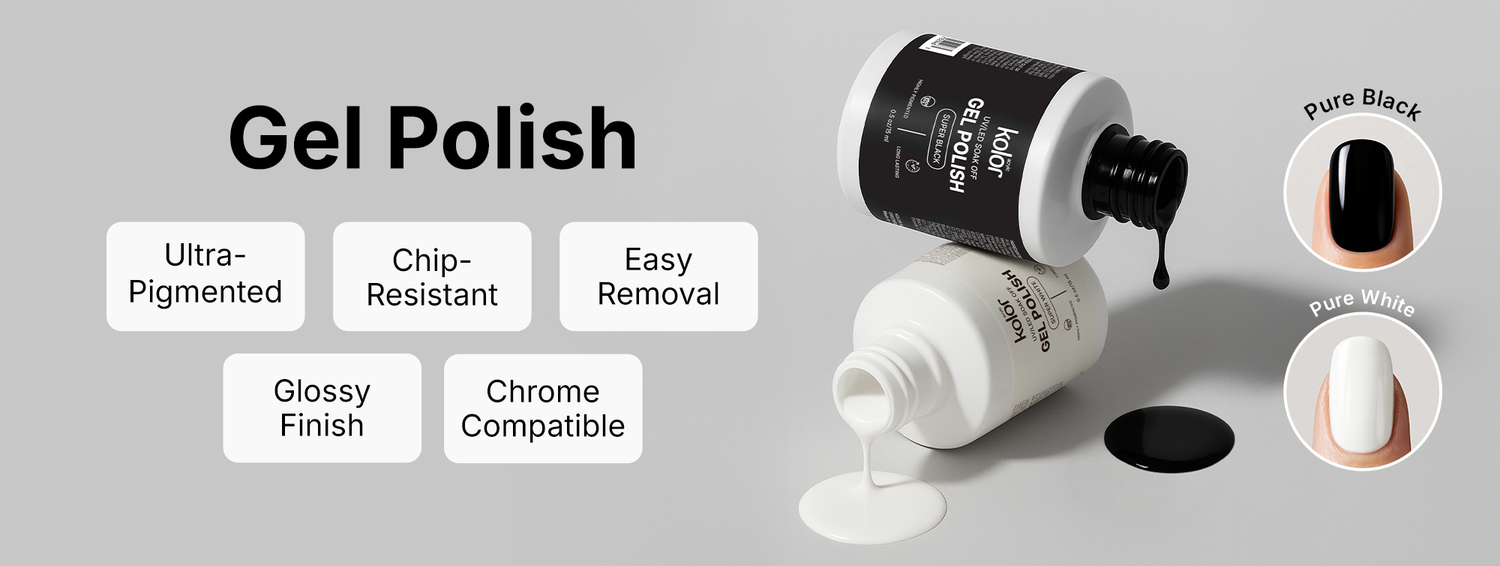 Gel polish bottle with features listed on a gray background