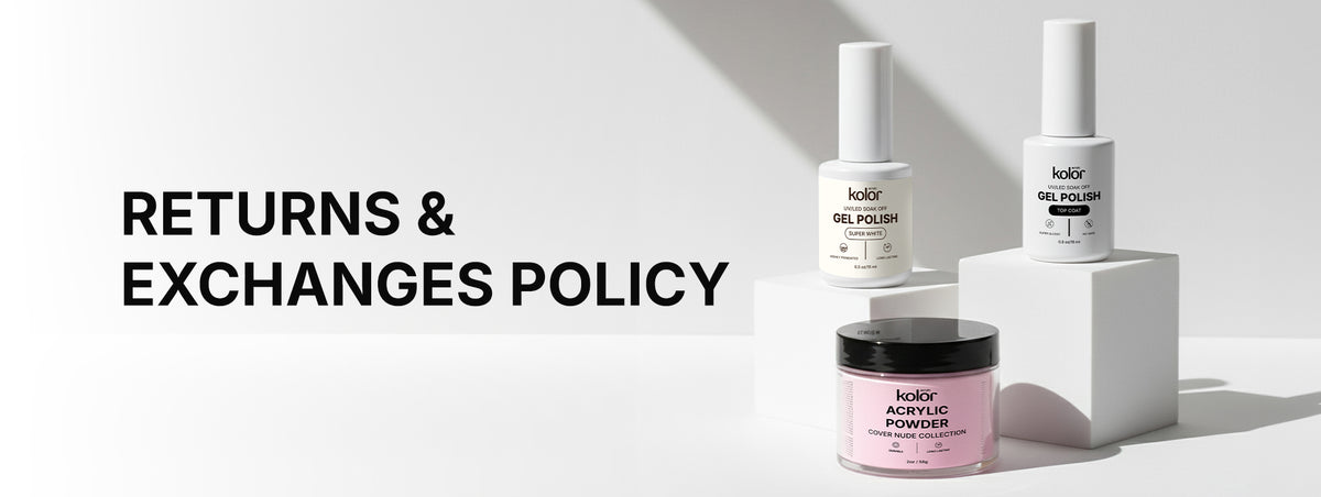 Bakell nail polish bottles and powder with 'Returns & Exchanges Policy' text on a white background