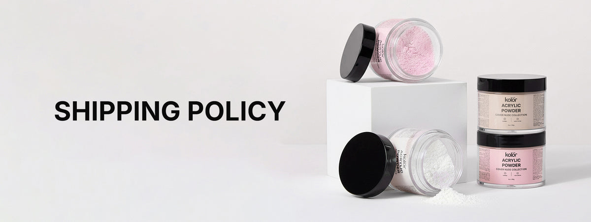 Cosmetic products with 'SHIPPING POLICY' text on a white background